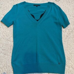 Gucci Teal Short Sleeve Sweater Logo Lace Accent Size Large